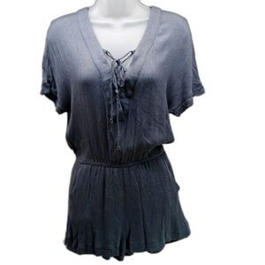 C.Luce Short Romper Back Zip Vneck Tie. Lined Rayon Blend Women's Medium Grey.